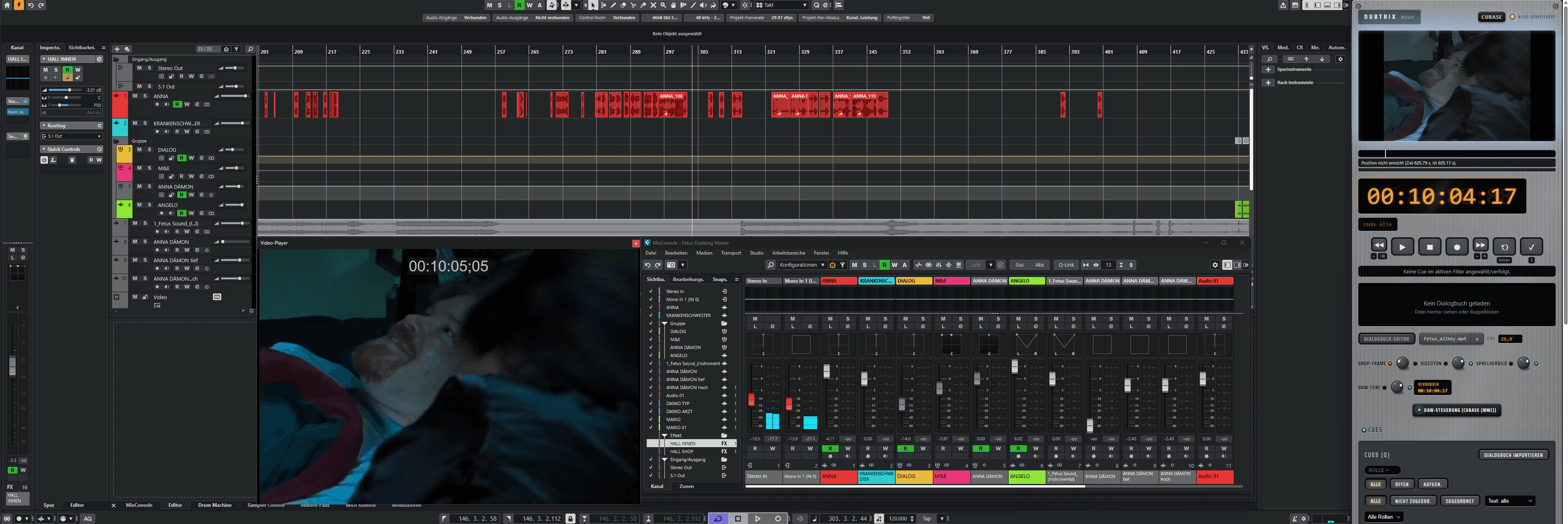 Dubtrix neben der Schnittsoftware, mit Timecode, Cue-Verwaltung und Dialogbuch