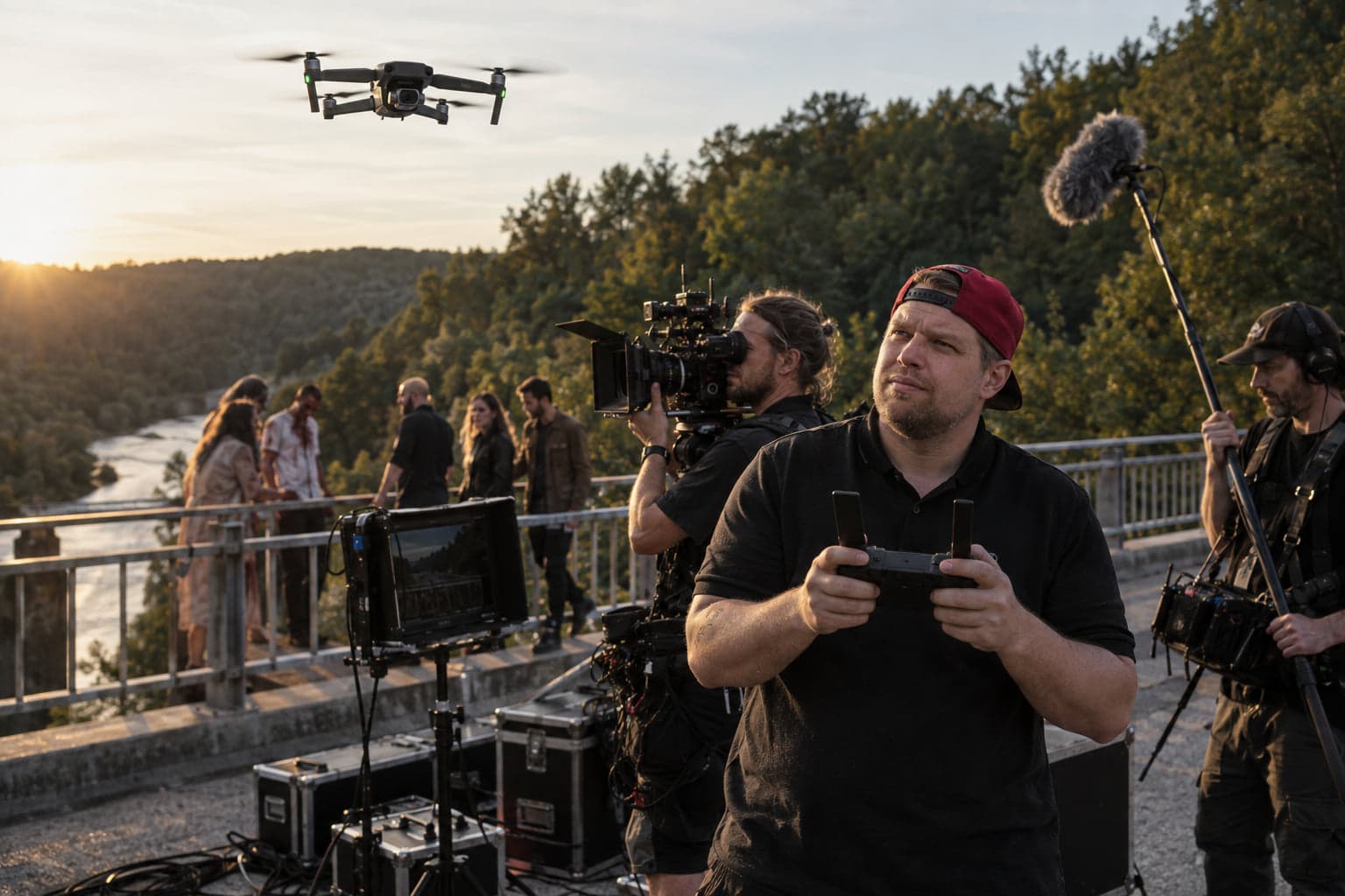 Filmcrew an einem Drehort über einem Fluss, eine Person steuert eine Drohne