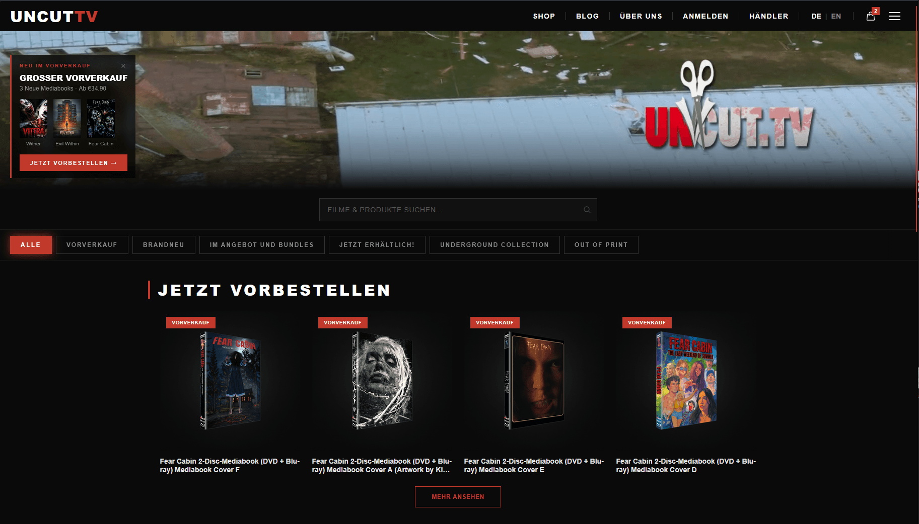 Shop-Oberfläche von uncuttv.at