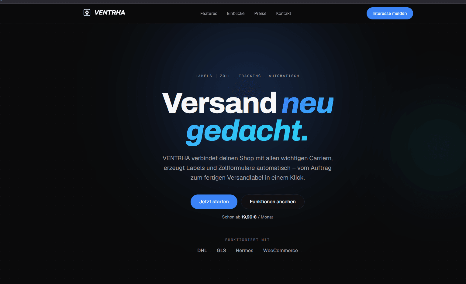 Startseite von VENTRHA mit der Zeile Versand neu gedacht